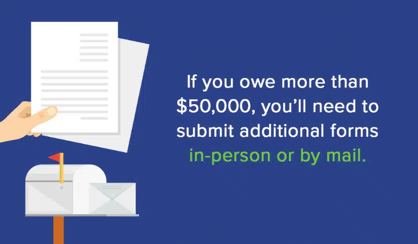 If-you-owe-more-than-50000-dollars-you-will-need-to-submit-additional-forms-in-person-or-by-mail submit additional forms