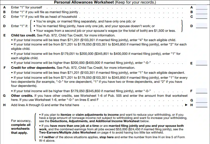 Personal allowances worksheet